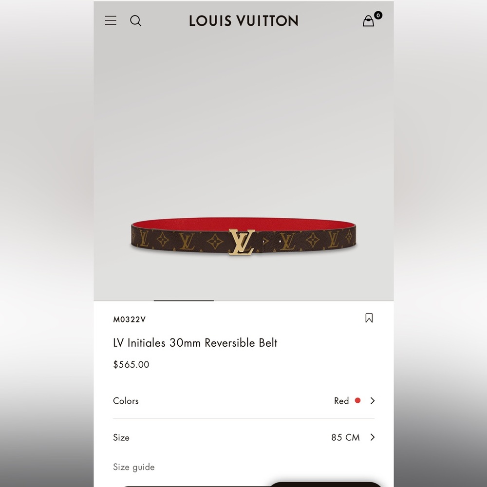 Authentic Louis Vuitton 30mm Reversible Belt, red and lv monogram